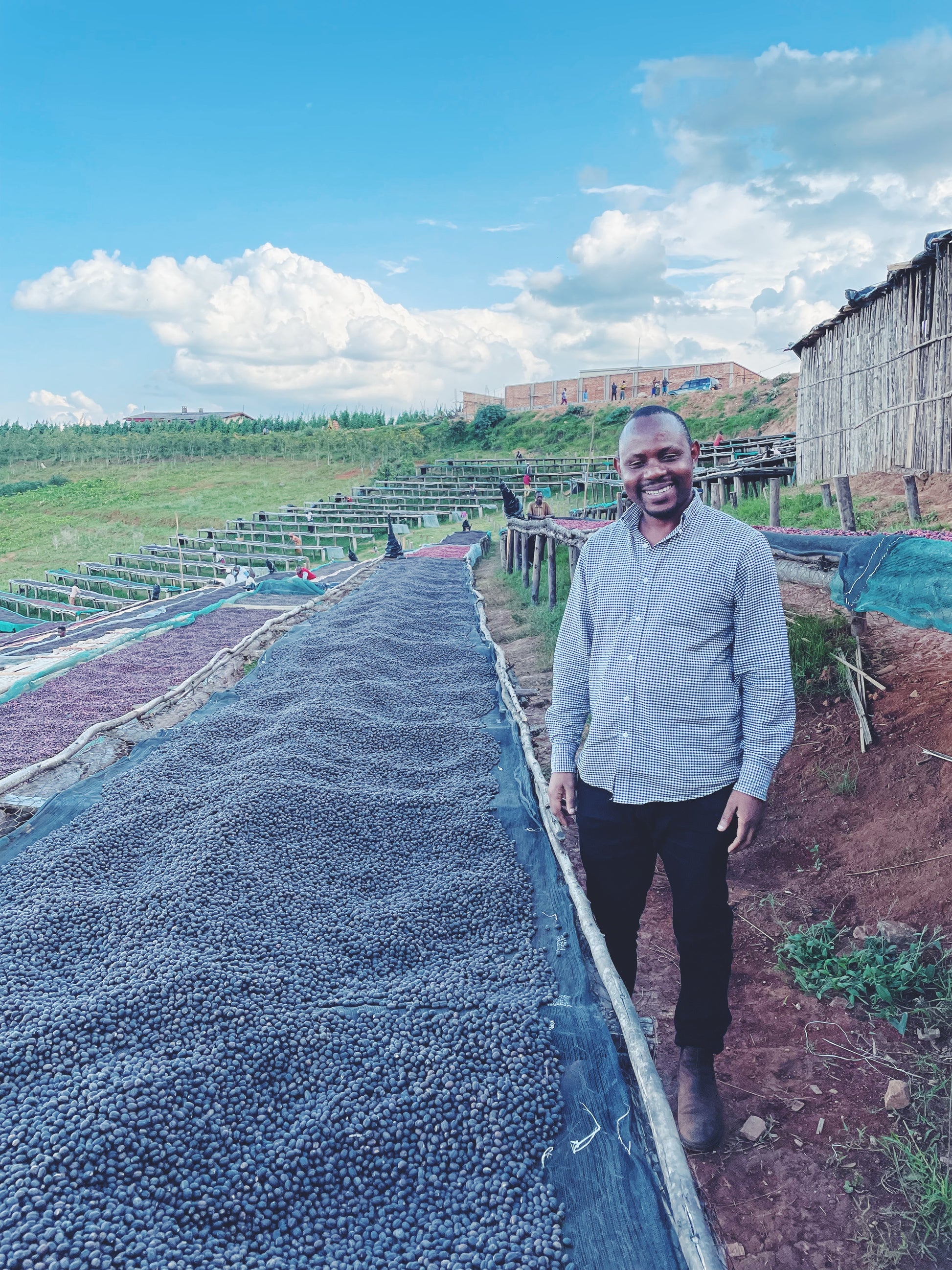 Man standing on a coffee drying rack with a scenic background